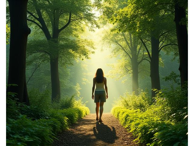 Persona caminando en un bosque o parque tranquilo