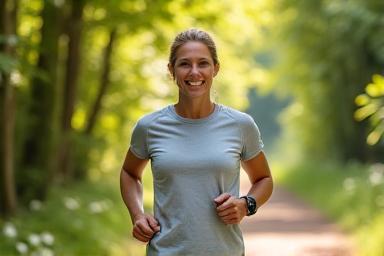 Hombre sonriendo mientras corre en un bosque, simbolizando energía y salud.